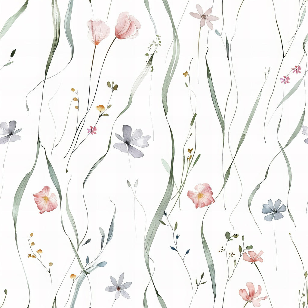 soft pink, sage green, lavender, white background, wildflowers, delicate florals, hand-drawn style, watercolor effect, meadow flowers, botanical pattern,, fabric panel, spring blooms, gentle pastels, flowing stems, scattered petals, feminine design, nature inspired, cottage core, seamless repeat