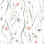 soft pink, sage green, lavender, white background, wildflowers, delicate florals, hand-drawn style, watercolor effect, meadow flowers, botanical pattern,, fabric panel, spring blooms, gentle pastels, flowing stems, scattered petals, feminine design, nature inspired, cottage core, seamless repeat