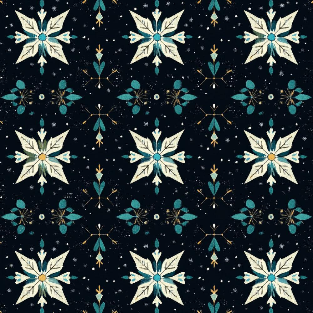 navy blue, teal, turquoise, cream, ivory, gold, celestial, snowflakes, winter, holiday, christmas, geometric, symmetrical, mandala, star pattern, botanical, elegant, whimsical, modern, festive, snow, sparkle, ornamental, dark background, magical, enchanted, formal, sophisticated, decorative motifs, starry night