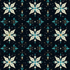 navy blue, teal, turquoise, cream, ivory, gold, celestial, snowflakes, winter, holiday, christmas, geometric, symmetrical, mandala, star pattern, botanical, elegant, whimsical, modern, festive, snow, sparkle, ornamental, dark background, magical, enchanted, formal, sophisticated, decorative motifs, starry night