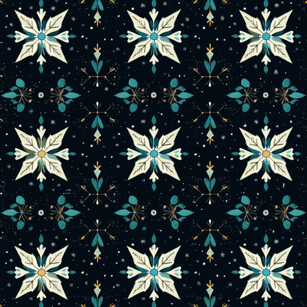 navy blue, teal, turquoise, cream, ivory, gold, celestial, snowflakes, winter, holiday, christmas, geometric, symmetrical, mandala, star pattern, botanical, elegant, whimsical, modern, festive, snow, sparkle, ornamental, dark background, magical, enchanted, formal, sophisticated, decorative motifs, starry night