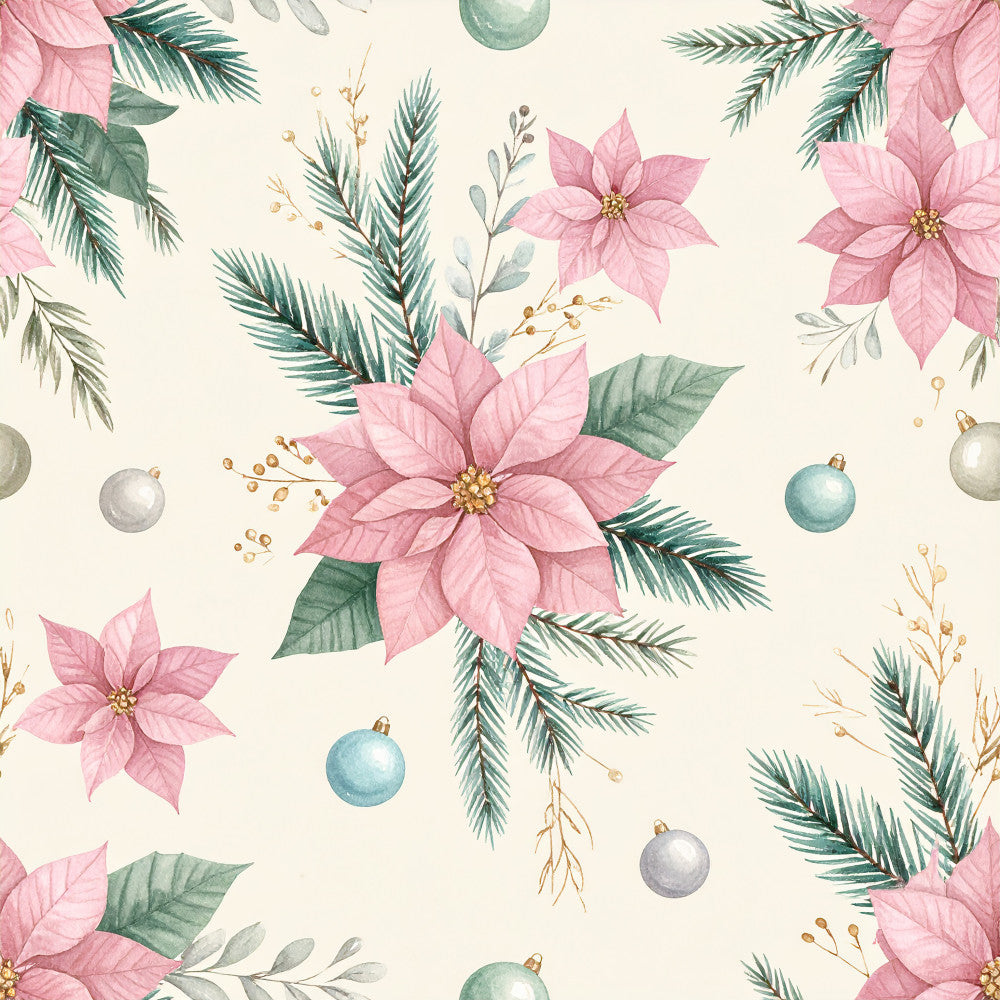 dusty pink, soft pink, blush pink, sage green, teal blue, cream, gold accents, floral, botanical, poinsettia, evergreen, pine branches, holiday, christmas, winter, elegant, whimsical, nature, festive, ornaments, baubles, delicate, romantic, traditional, seasonal, celebration, decorative foliage, gold berries