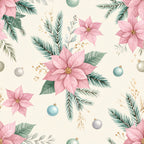 dusty pink, soft pink, blush pink, sage green, teal blue, cream, gold accents, floral, botanical, poinsettia, evergreen, pine branches, holiday, christmas, winter, elegant, whimsical, nature, festive, ornaments, baubles, delicate, romantic, traditional, seasonal, celebration, decorative foliage, gold berries