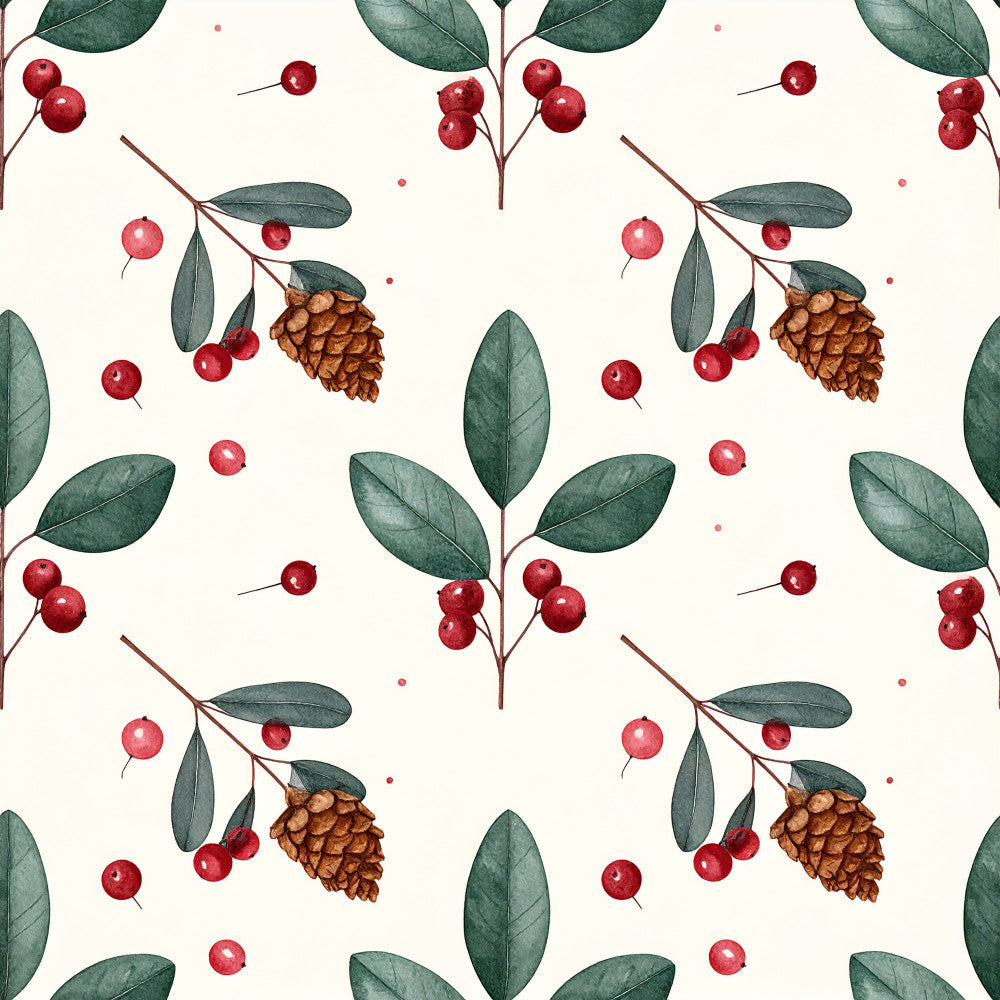 cream background, deep red berries, forest green leaves, burgundy, sage green, botanical pattern, nature theme, winter berries, pinecones, rustic style, natural, woodland, holiday, christmas, autumn, fall, elegant, traditional, botanical illustration, berry branches, evergreen, festive, cozy aesthetic, botanical print, red berries, natural elements, seasonal, winter décor, home décor