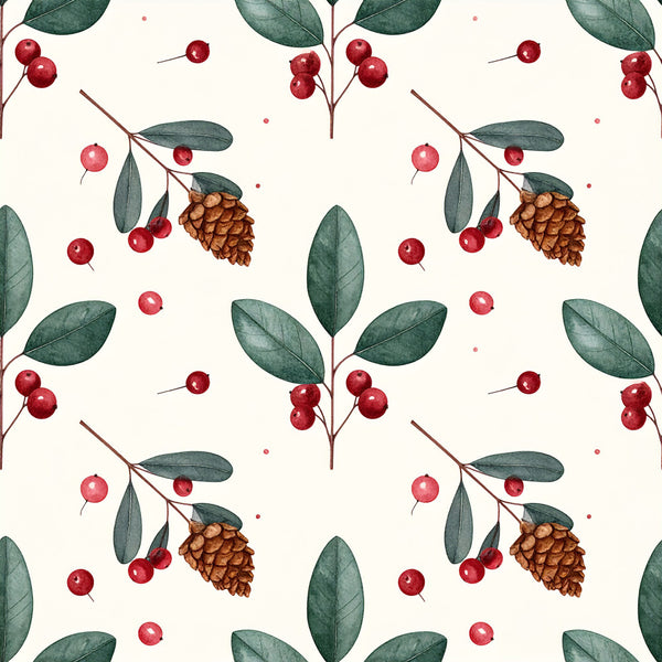 cream background, deep red berries, forest green leaves, burgundy, sage green, botanical pattern, nature theme, winter berries, pinecones, rustic style, natural, woodland, holiday, christmas, autumn, fall, elegant, traditional, botanical illustration, berry branches, evergreen, festive, cozy aesthetic, botanical print, red berries, natural elements, seasonal, winter décor, home décor