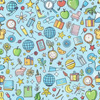 light blue background, school supplies, educational icons, apples, globes, stars, clocks, magnifying glass, pencils, books, notebooks, leaves, geometric shapes, whimsical illustration, cartoon style, colorful scattered objects, back to school theme,, fabric panel, cheerful pattern, multicolored design, doodle style