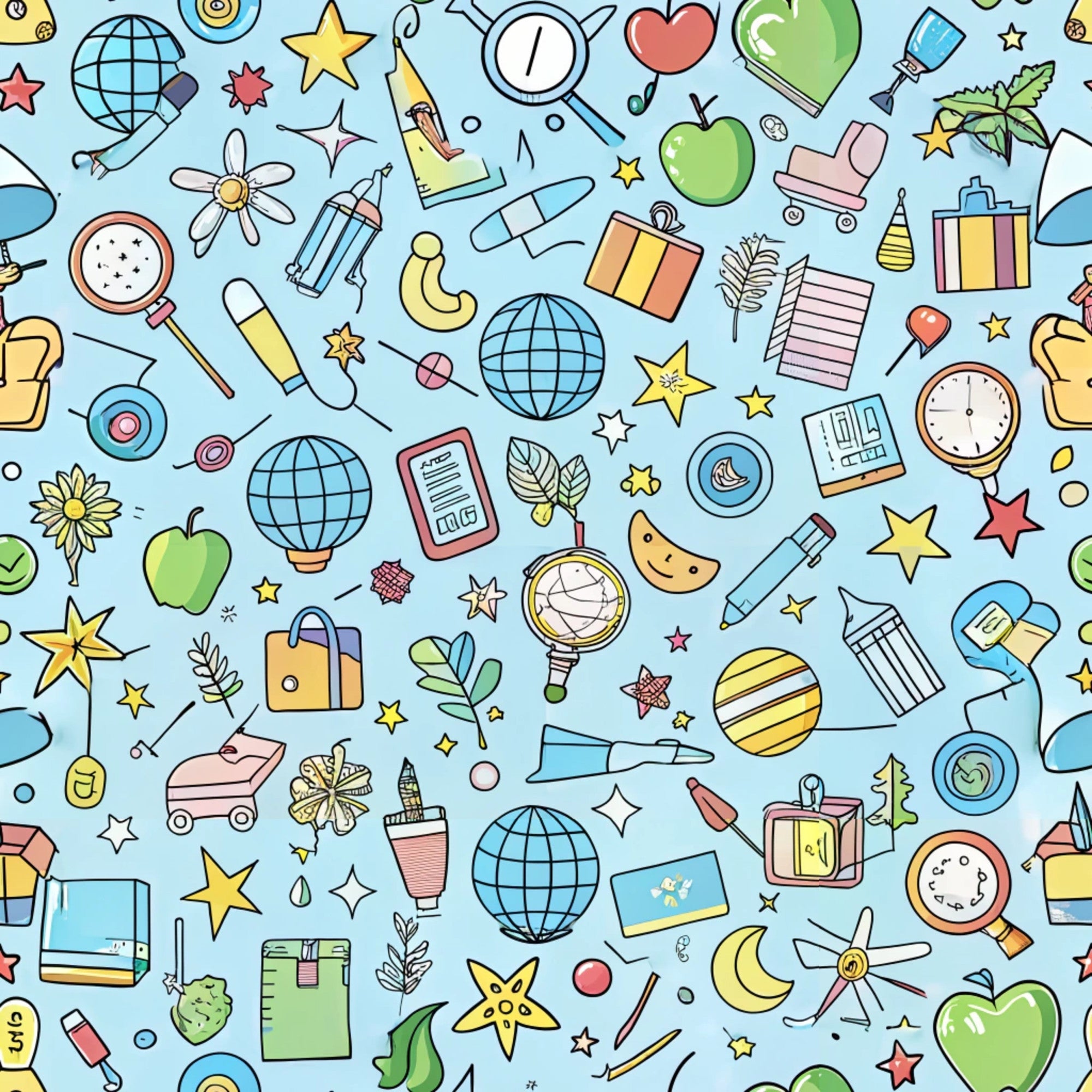 light blue background, school supplies, educational icons, apples, globes, stars, clocks, magnifying glass, pencils, books, notebooks, leaves, geometric shapes, whimsical illustration, cartoon style, colorful scattered objects, back to school theme,, fabric panel, cheerful pattern, multicolored design, doodle style