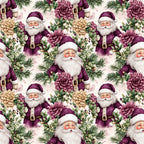 plum purple, cream, gold, burgundy, sage green, christmas, santa, holiday, floral, dahlias, roses, evergreen, pine branches, berries, whimsical, vintage, elegant, festive, traditional, winter, seasonal, decorative flowers, nostalgic, classic santa, jolly, botanical, nature-inspired, nursery, kids room, children's decor
