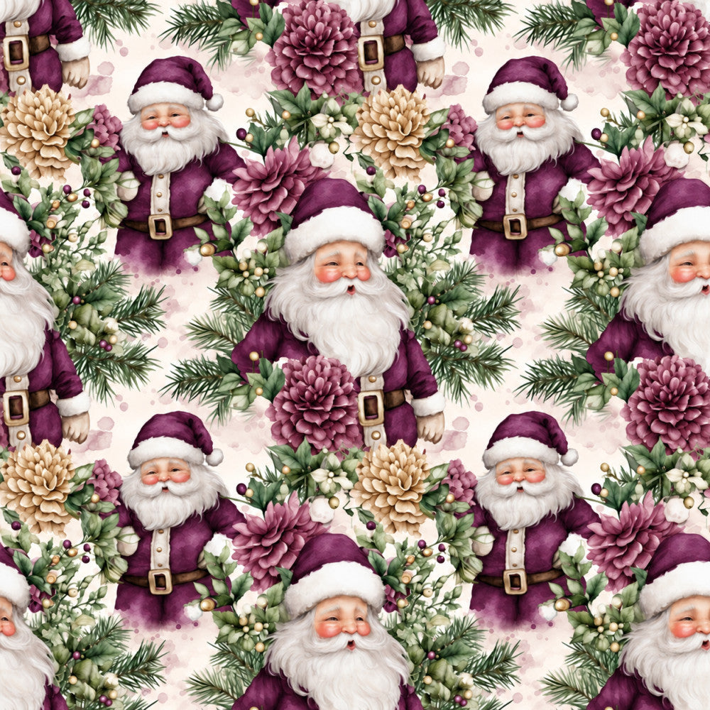 plum purple, cream, gold, burgundy, sage green, christmas, santa, holiday, floral, dahlias, roses, evergreen, pine branches, berries, whimsical, vintage, elegant, festive, traditional, winter, seasonal, decorative flowers, nostalgic, classic santa, jolly, botanical, nature-inspired, nursery, kids room, children's decor