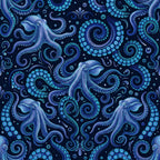 navy blue, turquoise, cyan, teal, iridescent, ocean, underwater, octopus, sea creatures, tentacles, nautical, marine, whimsical, elegant, ornate, decorative, swirls, spirals, baroque, damask, celestial, night sky, glowing, bioluminescent, detailed, intricate, fantasy, magical, adventure, coastal