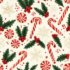 candy cane, peppermint, holly berries, snowflakes, red and white striped, cream background, festive, holiday, christmas, winter, candy, sweets, traditional, whimsical, nostalgic, vintage holiday, forest green, bright red, peppermint swirl, lollipop, seasonal, december, children's, playful, retro candy, classic christmas, holly leaves, berries, striped candy, round candies