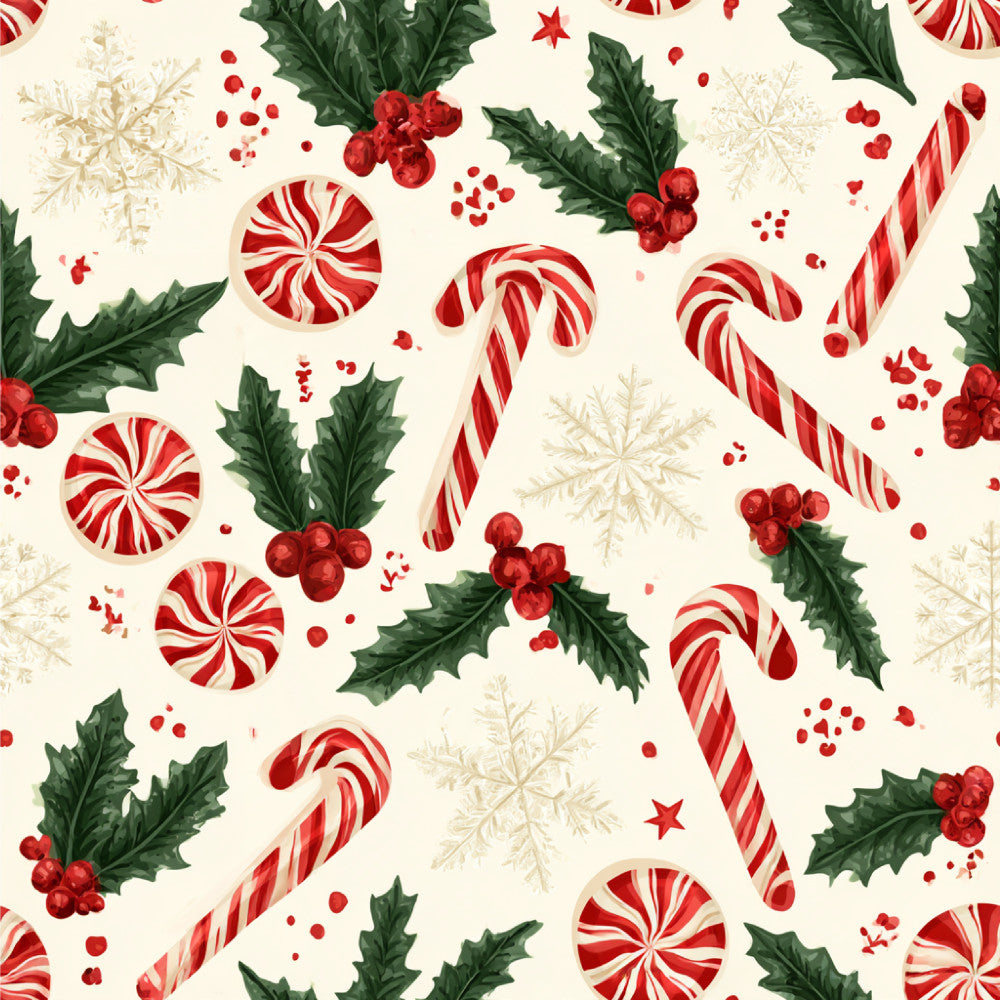 candy cane, peppermint, holly berries, snowflakes, red and white striped, cream background, festive, holiday, christmas, winter, candy, sweets, traditional, whimsical, nostalgic, vintage holiday, forest green, bright red, peppermint swirl, lollipop, seasonal, december, children's, playful, retro candy, classic christmas, holly leaves, berries, striped candy, round candies