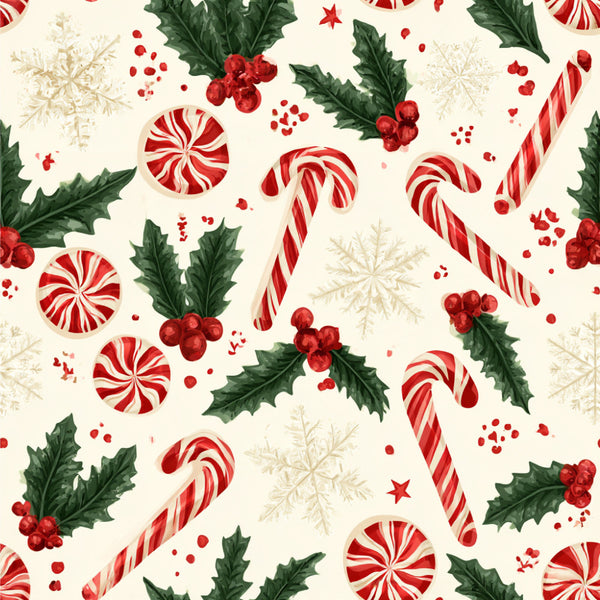 candy cane, peppermint, holly berries, snowflakes, red and white striped, cream background, festive, holiday, christmas, winter, candy, sweets, traditional, whimsical, nostalgic, vintage holiday, forest green, bright red, peppermint swirl, lollipop, seasonal, december, children's, playful, retro candy, classic christmas, holly leaves, berries, striped candy, round candies