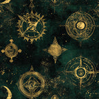 forest green, deep teal, gold, metallic gold, celestial, astronomical, mystical, magical, vintage, elegant, bohemian, ornate, compass roses, navigation wheels, star maps, moon phases, decorative circles, intricate patterns, geometric, steampunk, victorian, whimsical, fantasy, enchanted, dark academia, luxury, sophisticated, stargazing, navigation theme, astrology