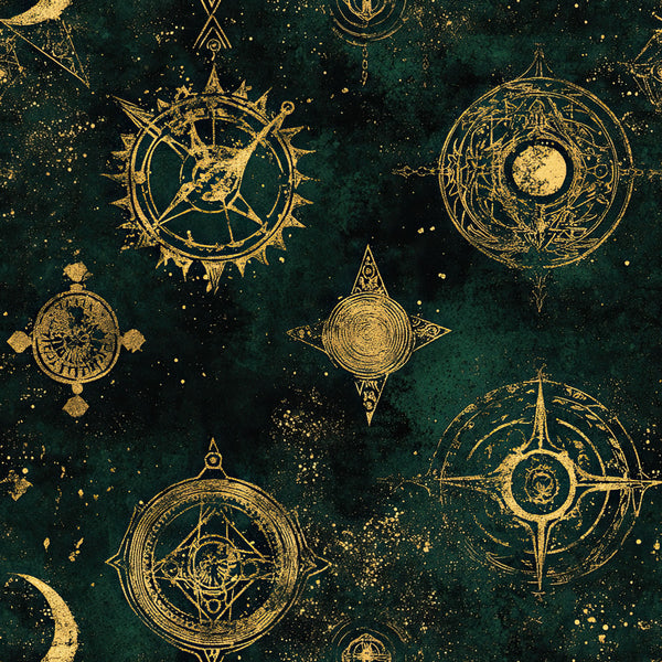 forest green, deep teal, gold, metallic gold, celestial, astronomical, mystical, magical, vintage, elegant, bohemian, ornate, compass roses, navigation wheels, star maps, moon phases, decorative circles, intricate patterns, geometric, steampunk, victorian, whimsical, fantasy, enchanted, dark academia, luxury, sophisticated, stargazing, navigation theme, astrology
