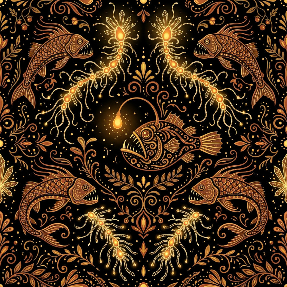 gold, black, copper, bronze, orange, metallic gold, ornate, damask, paisley, celestial, mystical, fish, sea creatures, jellyfish, baroque, victorian, elegant, luxurious, glamorous, vintage, whimsical, fantasy, magical, celestial creatures, ocean life, marine, intricate, decorative, nature-inspired, dark academia