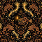 gold, black, copper, bronze, orange, metallic gold, ornate, damask, paisley, celestial, mystical, fish, sea creatures, jellyfish, baroque, victorian, elegant, luxurious, glamorous, vintage, whimsical, fantasy, magical, celestial creatures, ocean life, marine, intricate, decorative, nature-inspired, dark academia