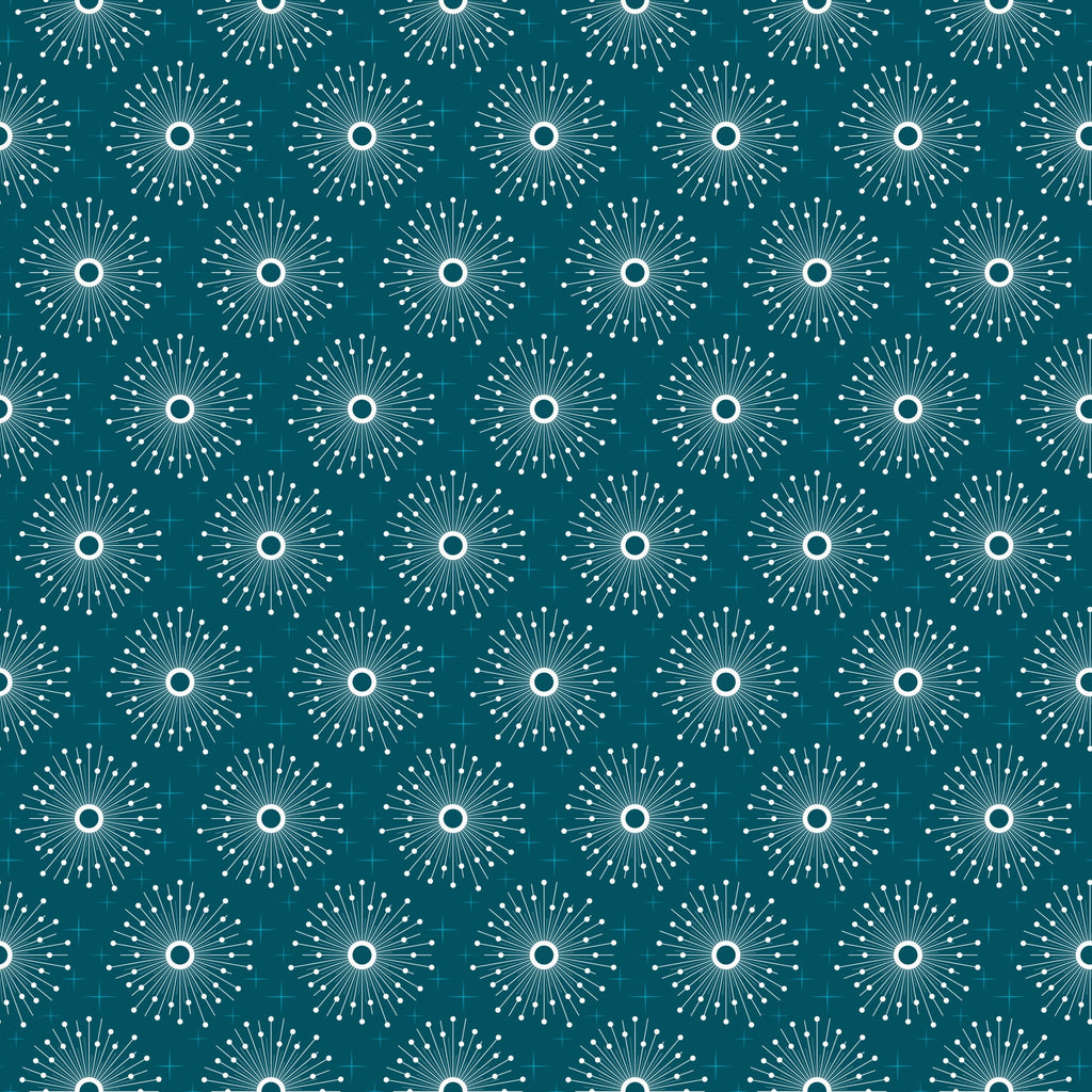 teal, turquoise, white, atomic starburst, mid-century modern, geometric pattern, radiating lines, circular motifs, retro style, sunburst design,, fabric panel, repeating pattern, dots, lines, vintage inspired, 1950s aesthetic, craft fabric