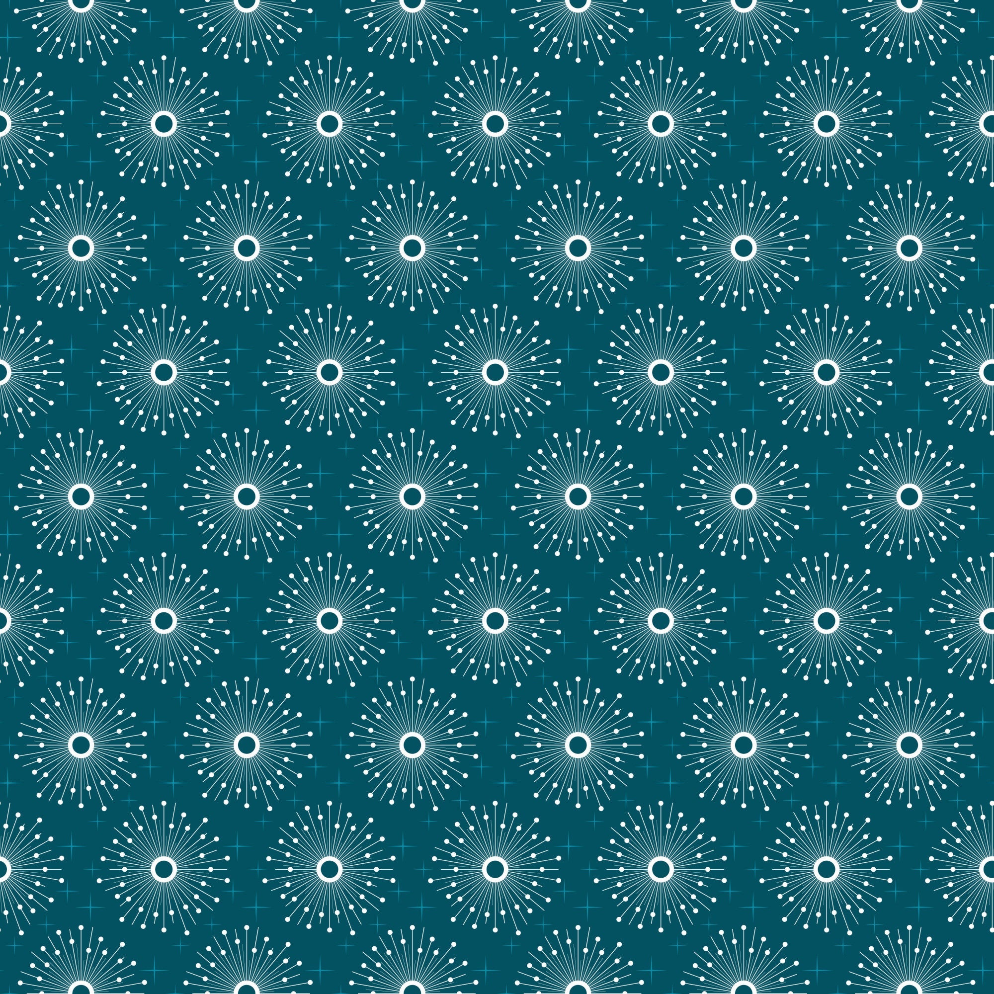 teal, turquoise, white, atomic starburst, mid-century modern, geometric pattern, radiating lines, circular motifs, retro style, sunburst design,, fabric panel, repeating pattern, dots, lines, vintage inspired, 1950s aesthetic, craft fabric