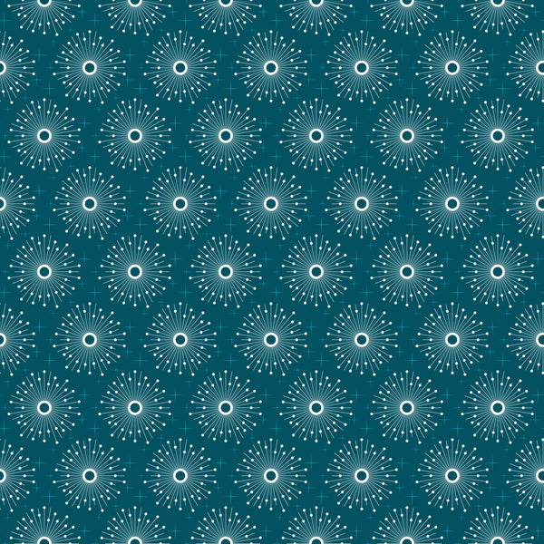 teal, turquoise, white, atomic starburst, mid-century modern, geometric pattern, radiating lines, circular motifs, retro style, sunburst design,, fabric panel, repeating pattern, dots, lines, vintage inspired, 1950s aesthetic, craft fabric
