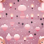 pink, rose, mauve, christmas ornaments, holiday baubles, candles, stars, geometric patterns, striped ornaments, winter wonderland, festive design,, fabric panel, christmas decor, holiday theme, whimsical style, soft pastels, seasonal motifs, craft fabric, sewing material