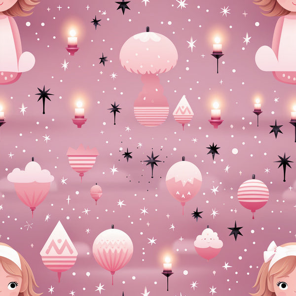 pink, rose, mauve, christmas ornaments, holiday baubles, candles, stars, geometric patterns, striped ornaments, winter wonderland, festive design,, fabric panel, christmas decor, holiday theme, whimsical style, soft pastels, seasonal motifs, craft fabric, sewing material