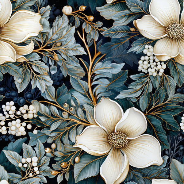 cream white flowers, navy blue background, teal green leaves, gold accents, floral pattern, botanical design, elegant style, classic floral, white blooms, berry clusters, pearl details, luxury aesthetic, traditional pattern, nature theme, garden flowers, ornamental leaves, sophisticated design, vintage inspired, decorative florals, dark background florals, cream and gold, teal and gold, beige flowers, delicate petals, botanical illustration, formal style, timeless design