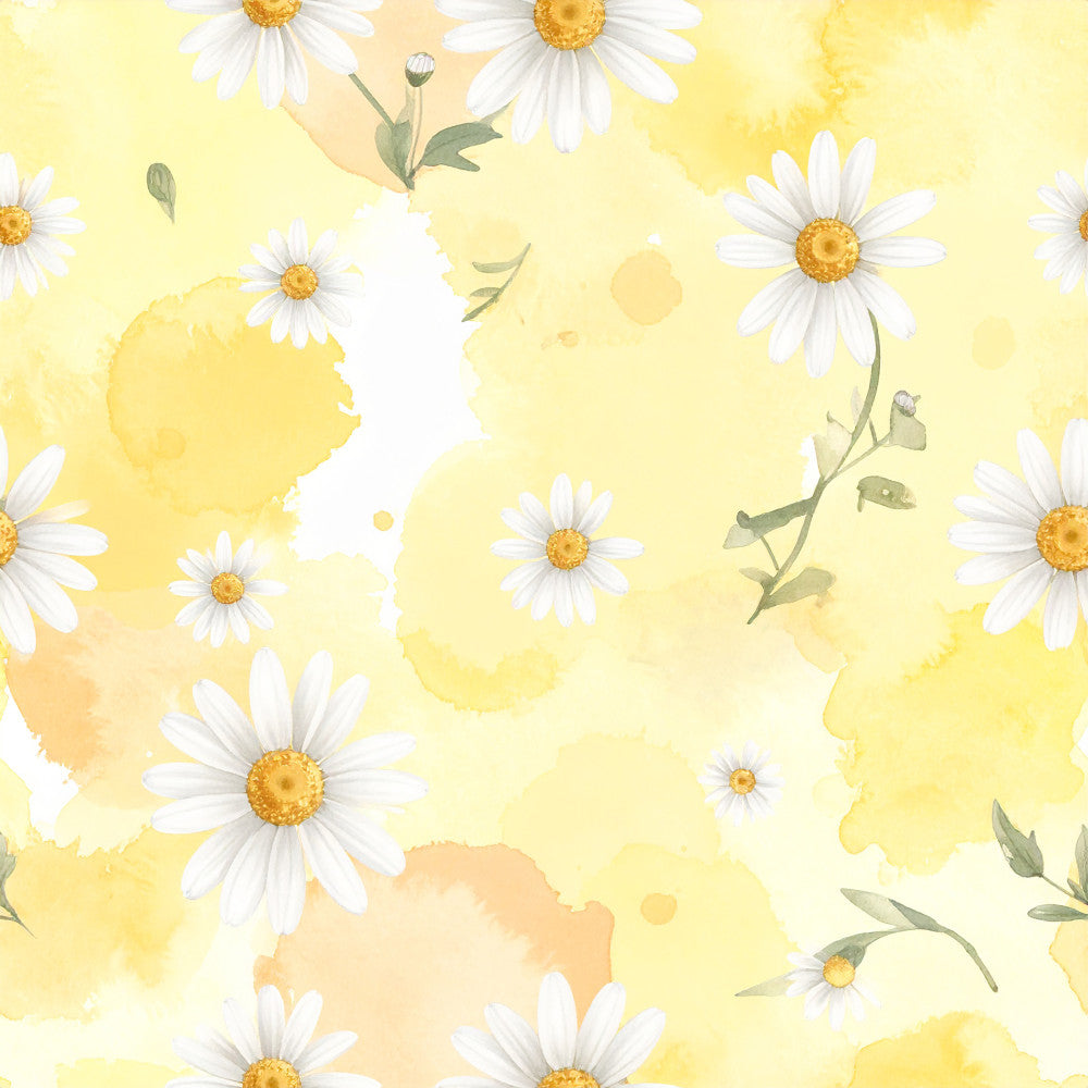 pale yellow, soft yellow, cream, golden yellow, white, soft green, sage green, floral, daisy, watercolor, botanical, nature, spring, summer, whimsical, delicate, feminine, cheerful, bright, garden, wildflower, yellow flower, white petals, yellow centers, pastel, dreamy, soft aesthetic, nursery, baby room, kids room