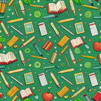 green background, school supplies, pencils, books, rulers, notebooks, apples, leaves, stars, yellow pencils, red apples, open books, writing tools, educational theme, back to school, scattered pattern, bright colors, orange stars, white stars,, fabric panel, academic motifs, stationery items, learning supplies
