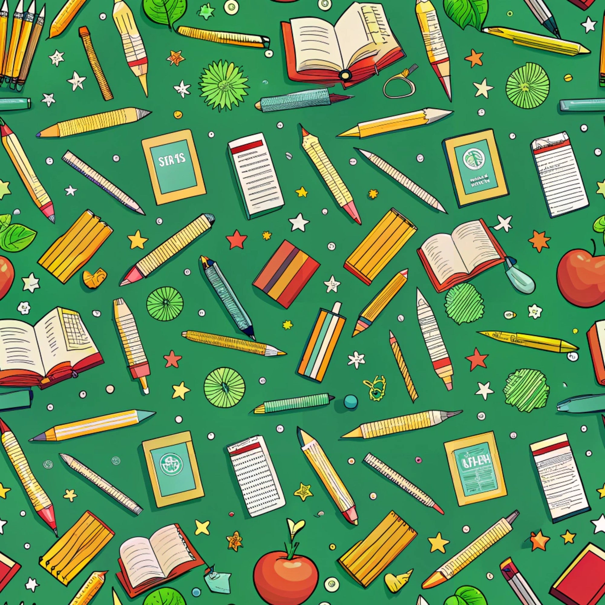 green background, school supplies, pencils, books, rulers, notebooks, apples, leaves, stars, yellow pencils, red apples, open books, writing tools, educational theme, back to school, scattered pattern, bright colors, orange stars, white stars,, fabric panel, academic motifs, stationery items, learning supplies