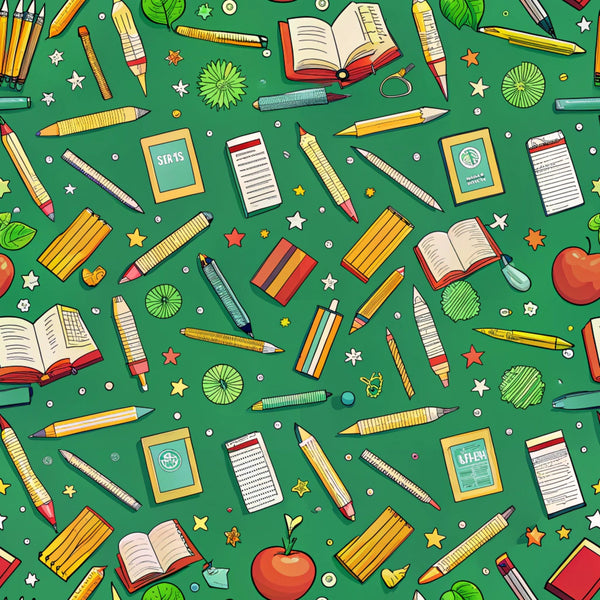green background, school supplies, pencils, books, rulers, notebooks, apples, leaves, stars, yellow pencils, red apples, open books, writing tools, educational theme, back to school, scattered pattern, bright colors, orange stars, white stars,, fabric panel, academic motifs, stationery items, learning supplies