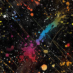 glitter, paint splatter, abstract, cosmic, galaxy, black background, rainbow colors, vibrant, metallic accents, streaking lines, colorful dots, space theme, artistic, modern,, fabric panel, celestial, multicolored, dynamic movement, contemporary design