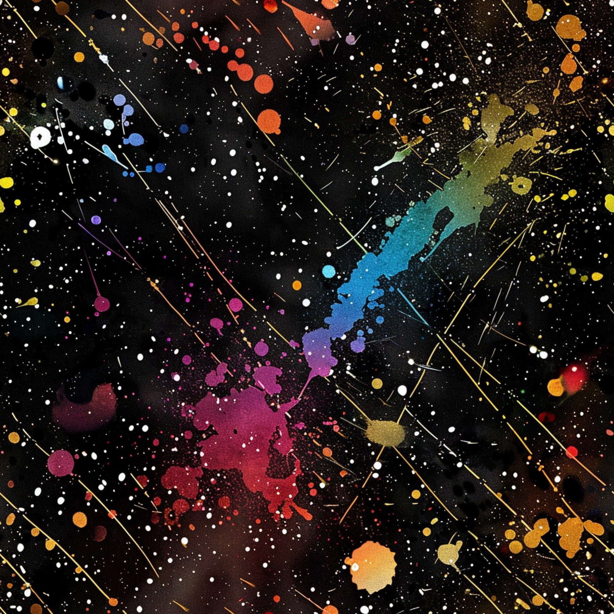 glitter, paint splatter, abstract, cosmic, galaxy, black background, rainbow colors, vibrant, metallic accents, streaking lines, colorful dots, space theme, artistic, modern,, fabric panel, celestial, multicolored, dynamic movement, contemporary design