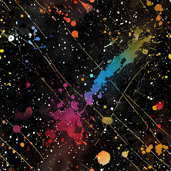 glitter, paint splatter, abstract, cosmic, galaxy, black background, rainbow colors, vibrant, metallic accents, streaking lines, colorful dots, space theme, artistic, modern,, fabric panel, celestial, multicolored, dynamic movement, contemporary design