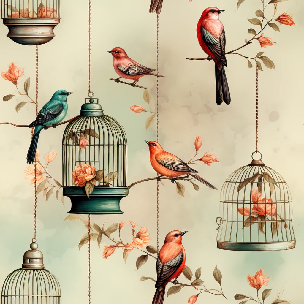vintage birdcages, coral birds, teal bird, hanging cages, floral branches, peach flowers, beige background, ornate cages, perched birds, botanical elements,, fabric panel, whimsical pattern, soft pastels, decorative chains, songbirds, nature motif, crafting fabric, sewing material, romantic style