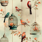 vintage birdcages, coral birds, teal bird, hanging cages, floral branches, peach flowers, beige background, ornate cages, perched birds, botanical elements,, fabric panel, whimsical pattern, soft pastels, decorative chains, songbirds, nature motif, crafting fabric, sewing material, romantic style