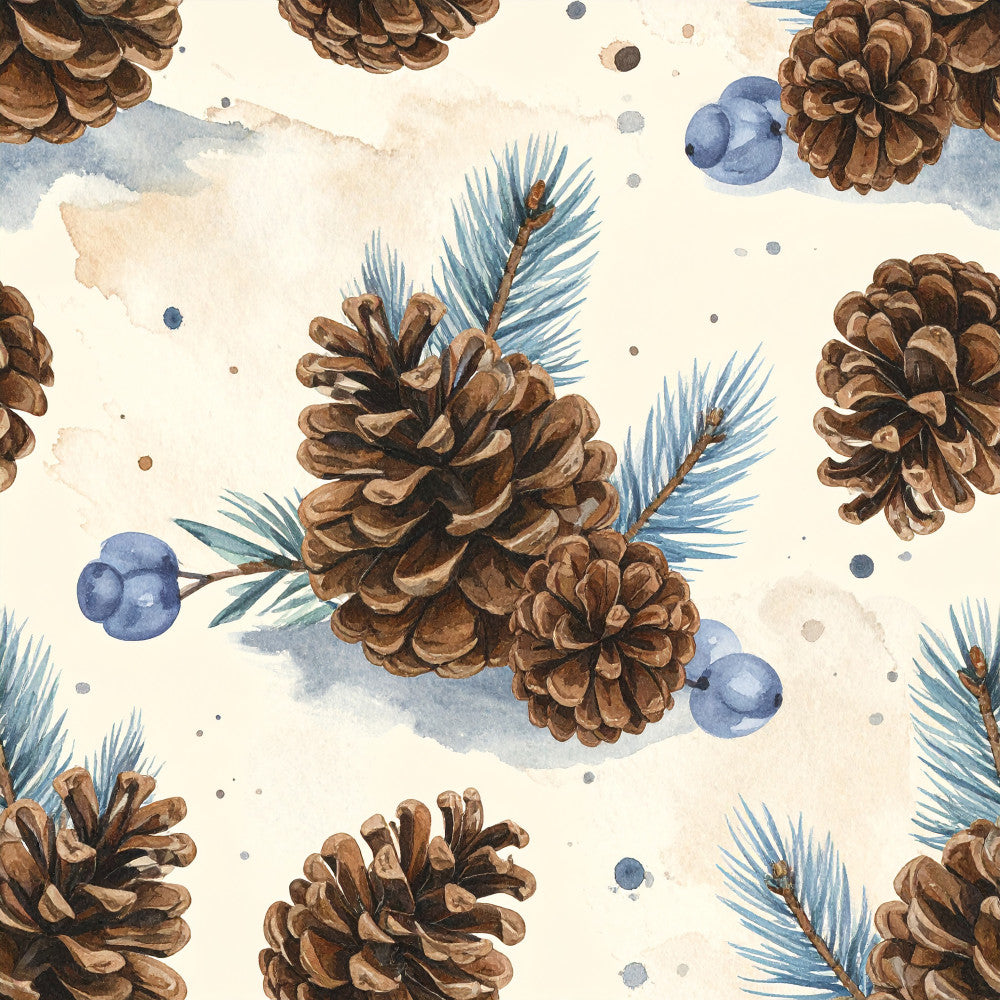 cream, brown, blue, dusty blue, pine cones, evergreen branches, winter, nature, botanical, woodland, rustic, cozy, holiday, christmas, forest, natural, watercolor, artistic, whimsical, vintage, elegant, cabin, lodge, seasonal, december, festive, pinecone pattern, conifer, needle branches, scattered dots