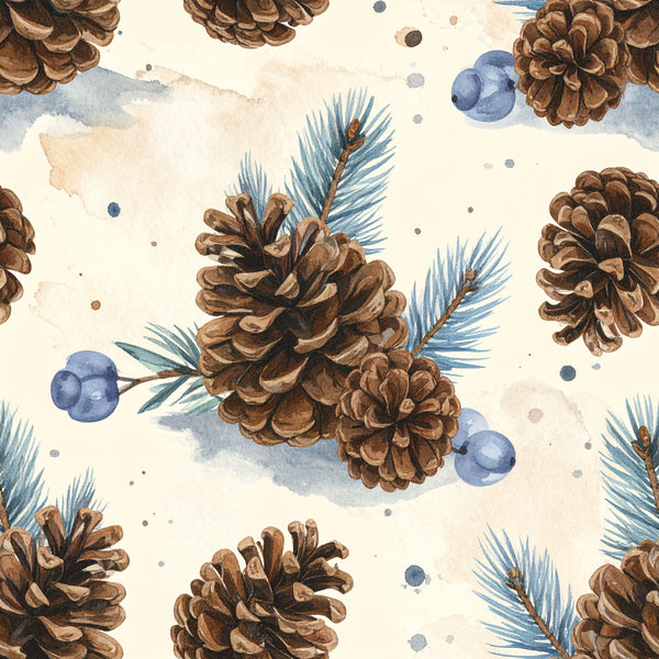 cream, brown, blue, dusty blue, pine cones, evergreen branches, winter, nature, botanical, woodland, rustic, cozy, holiday, christmas, forest, natural, watercolor, artistic, whimsical, vintage, elegant, cabin, lodge, seasonal, december, festive, pinecone pattern, conifer, needle branches, scattered dots