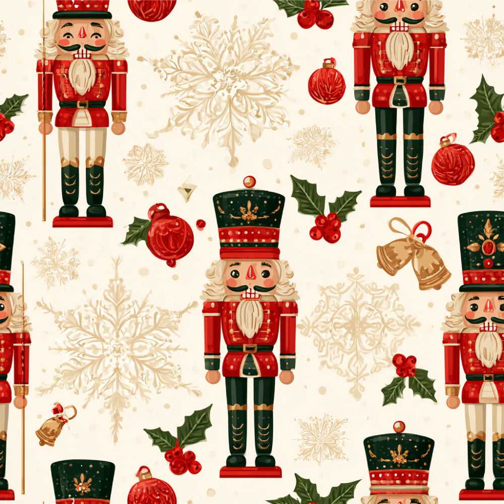 nutcracker, christmas, holiday, festive, red, forest green, cream, beige, gold, nutcrackers, snowflakes, ornaments, bells, holly, berries, traditional, whimsical, elegant, vintage, classic, winter, seasonal, children's, kids, baby, nursery, playroom, festive decor, toy soldiers, decorative