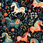 coral pink, navy blue, teal, cream white, golden yellow, orange, floral, horses, whimsical, botanical, nature, animals, spring, summer, kids room, nursery, playroom, horse lovers, decorative flowers, daisies, ornamental, illustrated, vibrant, colorful, fantasy, magical, children's, baby, playful, artistic