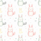 soft pink, sage green, cream white, pastel colors, cute animals, bunnies, rabbits, kittens, cats, whimsical, playful, nursery, baby room, kids room, baby shower, stars, hearts, bows, gentle, sweet, soft aesthetic, woodland animals, innocent, cheerful, springtime, baby girl, toddler, adorable creatures