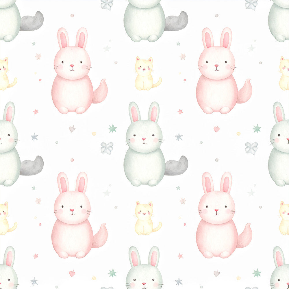 soft pink, sage green, cream white, pastel colors, cute animals, bunnies, rabbits, kittens, cats, whimsical, playful, nursery, baby room, kids room, baby shower, stars, hearts, bows, gentle, sweet, soft aesthetic, woodland animals, innocent, cheerful, springtime, baby girl, toddler, adorable creatures