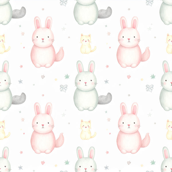 soft pink, sage green, cream white, pastel colors, cute animals, bunnies, rabbits, kittens, cats, whimsical, playful, nursery, baby room, kids room, baby shower, stars, hearts, bows, gentle, sweet, soft aesthetic, woodland animals, innocent, cheerful, springtime, baby girl, toddler, adorable creatures
