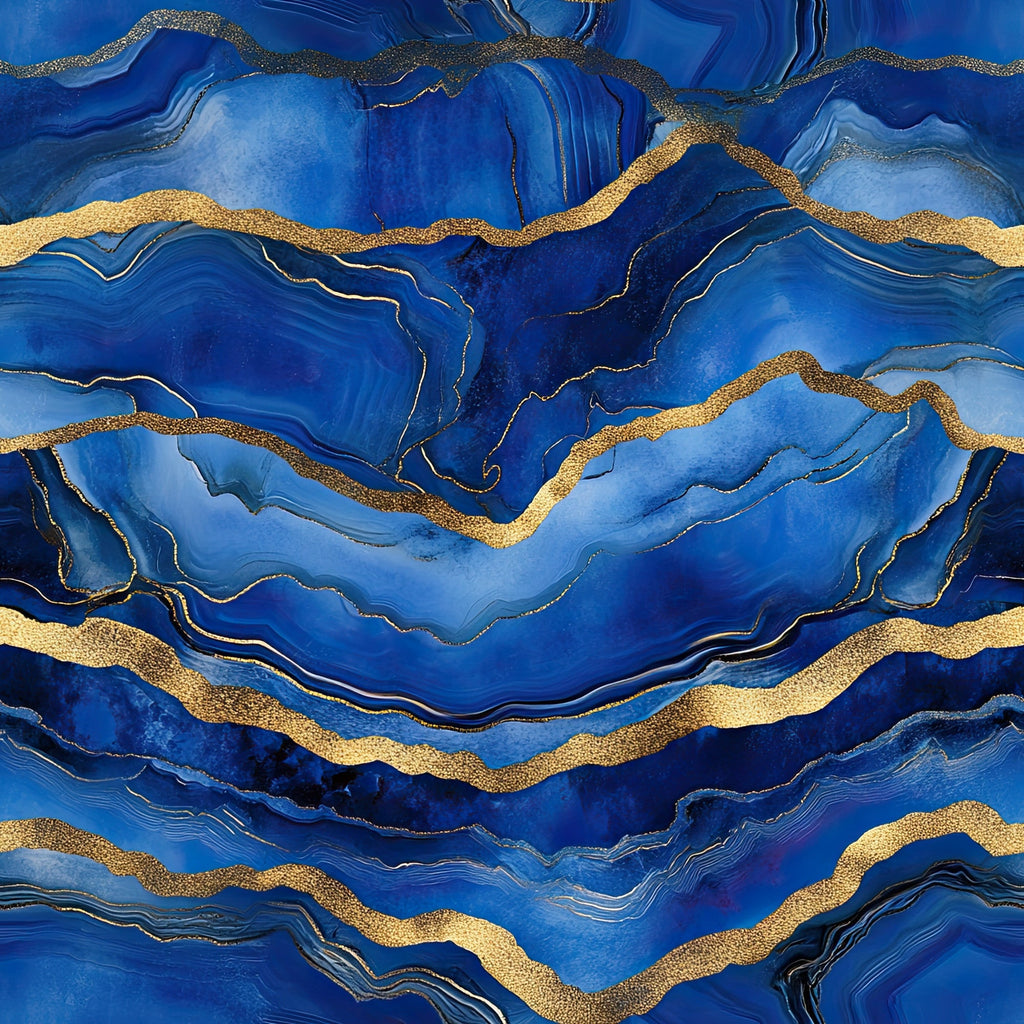 royal blue, deep blue, cobalt blue, gold, metallic gold, agate pattern, geode design, marble veining, flowing lines, organic shapes, luxurious, elegant, mineral inspired, geological, fluid art, marbled texture,, fabric panel, jewel tones, sophisticated