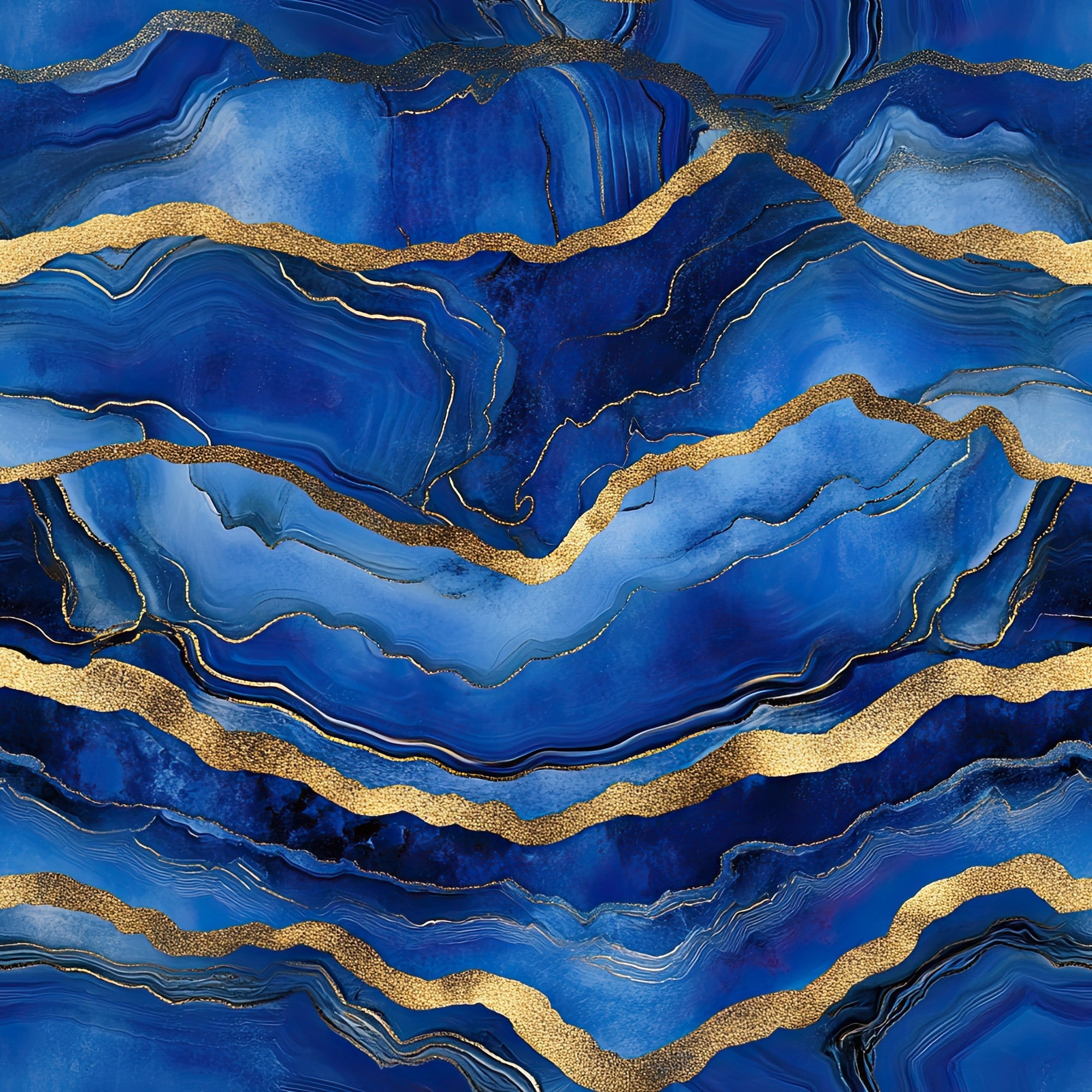 royal blue, deep blue, cobalt blue, gold, metallic gold, agate pattern, geode design, marble veining, flowing lines, organic shapes, luxurious, elegant, mineral inspired, geological, fluid art, marbled texture,, fabric panel, jewel tones, sophisticated