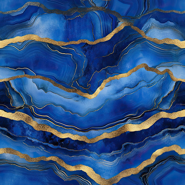 royal blue, deep blue, cobalt blue, gold, metallic gold, agate pattern, geode design, marble veining, flowing lines, organic shapes, luxurious, elegant, mineral inspired, geological, fluid art, marbled texture,, fabric panel, jewel tones, sophisticated