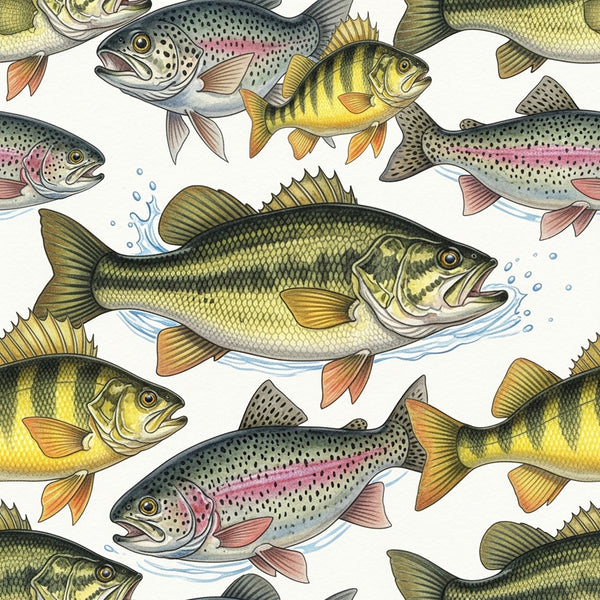 fishing, trout, bass, salmon, freshwater fish, fish illustration, nature, wildlife, outdoor, sportsman, angler, water, stream, river, sage green, golden yellow, coral orange, cream, traditional, vintage, naturalistic, detailed, educational, boy's room, playroom, fishing themed, water sports, adventure, male, masculine