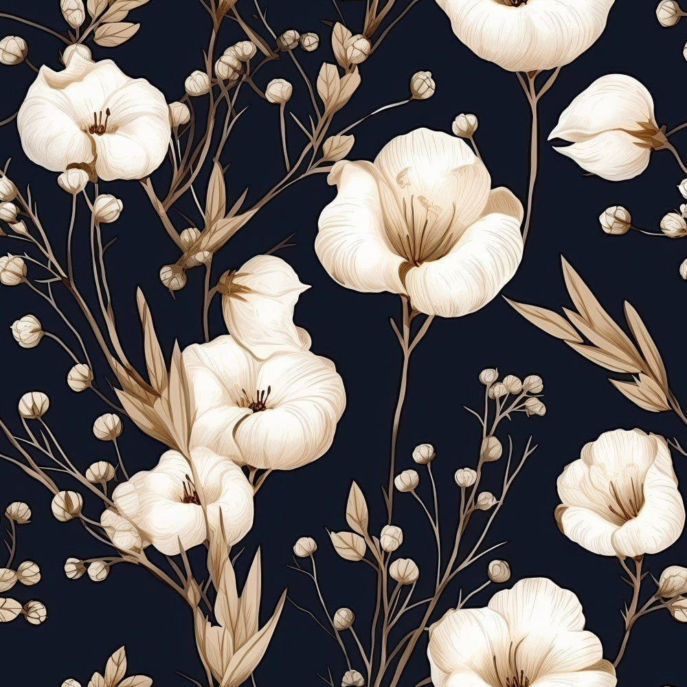 navy blue, cream, ivory, tan, beige, floral, botanical, flowers, blooms, elegant, sophisticated, vintage, classic, nature, garden, buds, stems, leaves, romantic, timeless, traditional, delicate, ornate, celestial inspired, farmhouse, nursey, baby room, spring, summer, boho chic