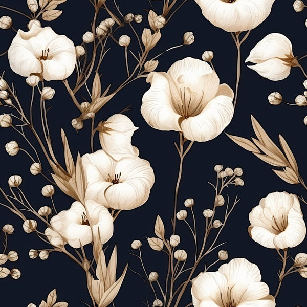 navy blue, cream, ivory, tan, beige, floral, botanical, flowers, blooms, elegant, sophisticated, vintage, classic, nature, garden, buds, stems, leaves, romantic, timeless, traditional, delicate, ornate, celestial inspired, farmhouse, nursey, baby room, spring, summer, boho chic