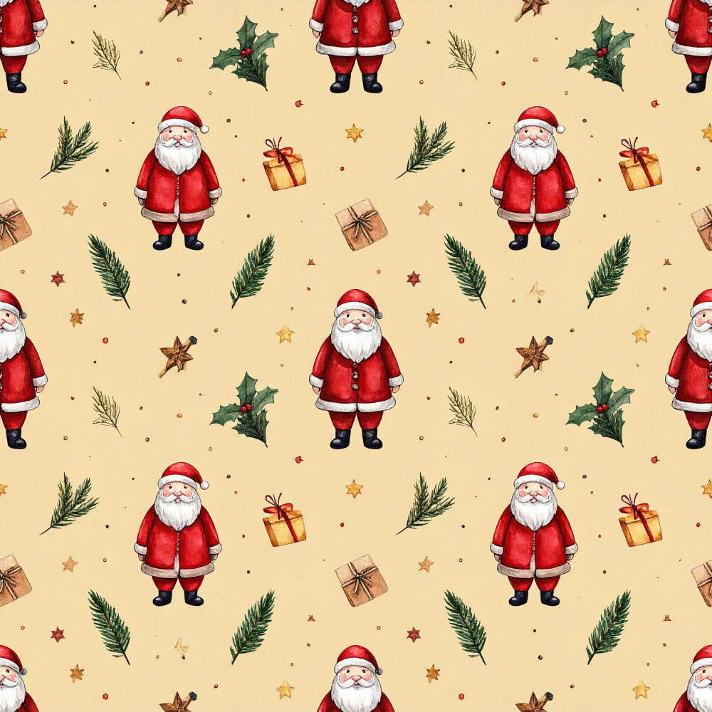 cream background, red santa, white beard, holiday, christmas, festive, winter, evergreen branches, pine needles, holly leaves, gold stars, wrapped gifts, presents, bows, ribbons, traditional, whimsical, vintage christmas, jolly, seasonal decor, kids room, nursery, playroom, forest green, golden yellow, warm tones, retro style, classic santa, decorative elements, christmas morning